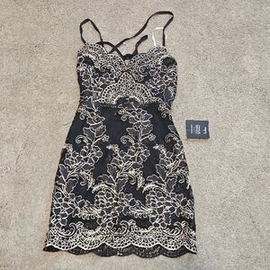 Lulu's Black and Gold Floral Lace Mini Dress